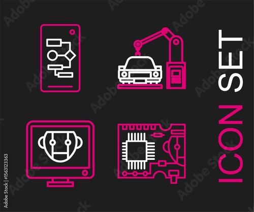 Set line Printed circuit board PCB, Bot, Industrial machine robotic robot arm hand and Algorithm icon. Vector