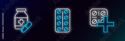 Set line Pills in blister pack, Medicine bottle and pills and icon. Glowing neon. Vector