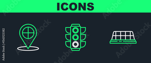 Set line Taxi car roof, Map pointer with taxi and Traffic light icon. Vector