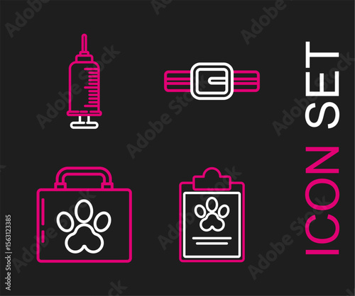 Set line Clipboard with medical clinical record pet, Pet first aid kit, Collar name tag and Syringe vaccine icon. Vector