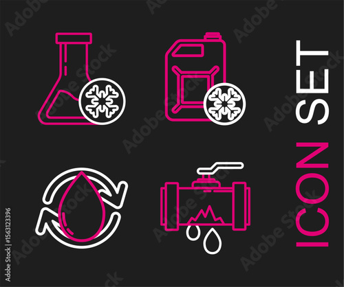 Set line Broken metal pipe with leaking water, Oil drop, Antifreeze canister and test tube icon. Vector
