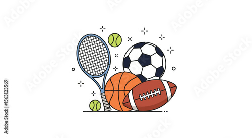 Illustrative collection of popular sports equipment and balls for active lifestyles