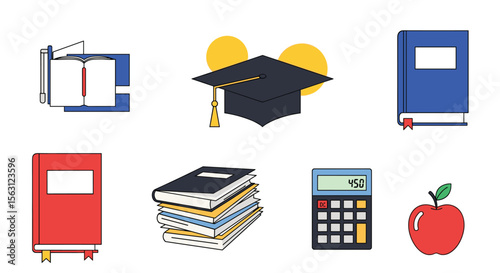 Illustrations of educational materials including books a graduation cap a calculator and an apple representing learning and academic achievement