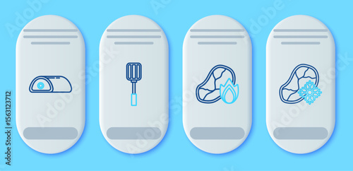 Set line Spatula, Grilled steak meat and fire flame, Meat and Fresh frozen icon. Vector