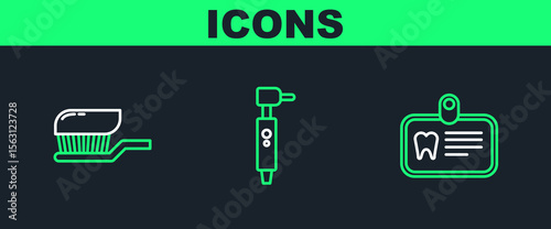 Set line Id card with tooth, Toothbrush toothpaste and drill icon. Vector