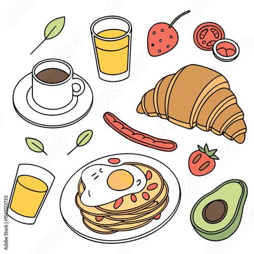 Hand drawn breakfast illustration with coffee, fried egg, croissant, milk, cereal, bacons, sausages, citrus juice, avocado, tomato, 
pancakes