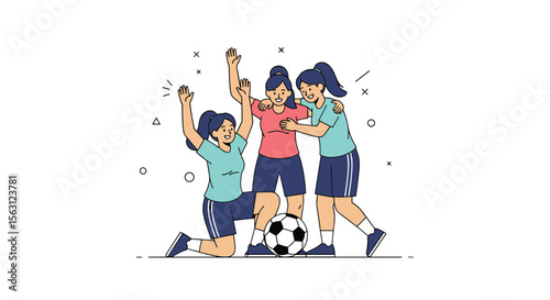 Young women celebrating victory together after a competitive football match showing teamwork and sportsmanship spirit