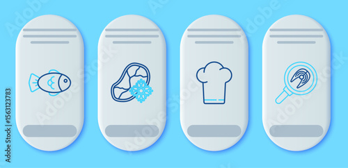 Set line Fresh frozen steak meat, Chef hat, Fish and in frying pan icon. Vector