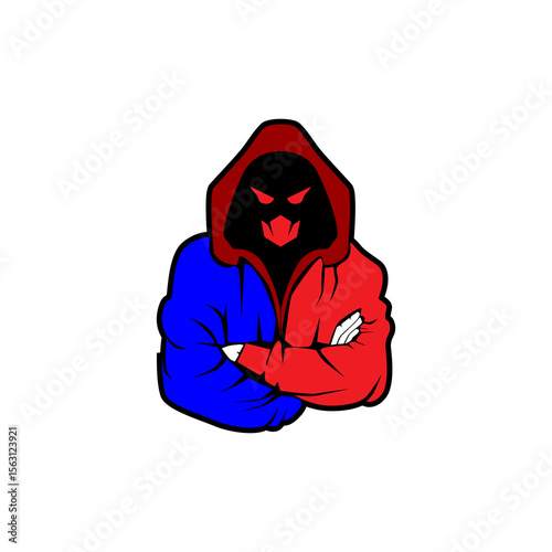 Mysterious hooded figure with glowing red eyes and mask, wearing a hoodie jacket, perfect for an e-sports, gaming or powerful mascot logo. Hacker mascot for sports and esports logo.