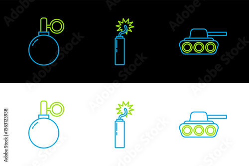 Set line Military tank, Hand grenade and Dynamite bomb stick clock icon. Vector