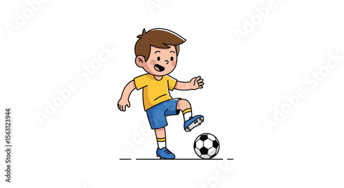 Happy young boy in a yellow shirt and blue shorts practicing dribbling skills with a black and white soccer ball on a flat surface