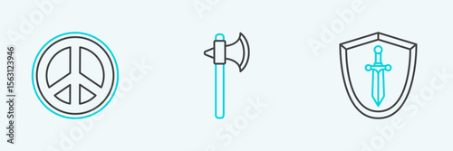 Set line Medieval shield with sword, Peace and axe icon. Vector
