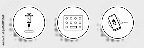 Set line Wireless charger, Syringe and Pills blister pack icon. Vector
