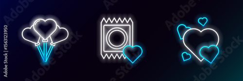 Set line Heart, Balloons in form of heart and Condom package icon. Glowing neon. Vector