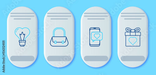 Set line Handbag, Online dating app chat, Heart shape light bulb and Gift box heart icon. Vector