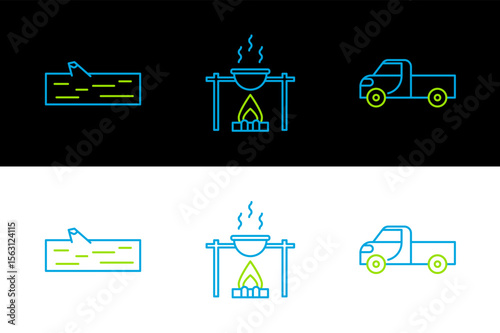 Set line Pickup truck, Wooden log and Campfire and pot icon. Vector