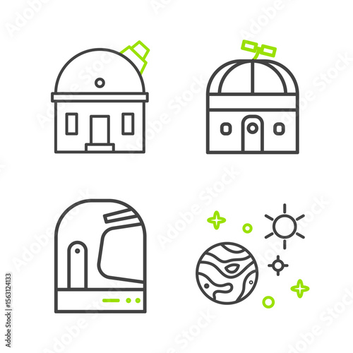 Set line Space and planet, Astronaut helmet, Astronomical observatory and icon. Vector