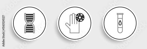 Set line Blood test and virus, DNA symbol and Hand with icon. Vector