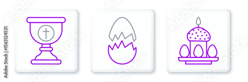 Set line Easter cake and eggs, Christian chalice and Broken icon. Vector
