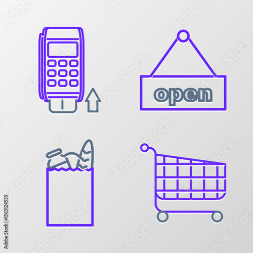 Set line Shopping cart, Paper shopping bag and food, Hanging sign with text Open door and Pos terminal inserted credit card icon. Vector
