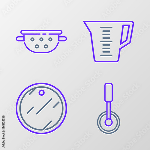 Set line Pizza knife, Cutting board, Measuring cup and Kitchen colander icon. Vector