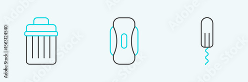 Set line Sanitary tampon, Trash can and napkin icon. Vector