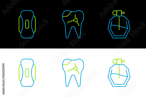 Set line Perfume, Sanitary napkin and Broken tooth icon. Vector