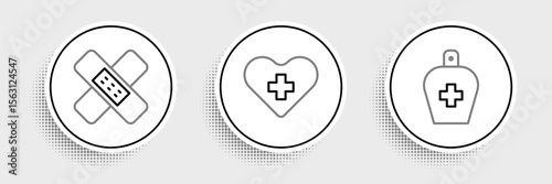Set line Bottle of liquid antibacterial soap, Crossed bandage plaster and Heart with cross icon. Vector