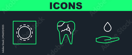 Set line Washing hands with soap, Condom package safe sex and Broken tooth icon. Vector