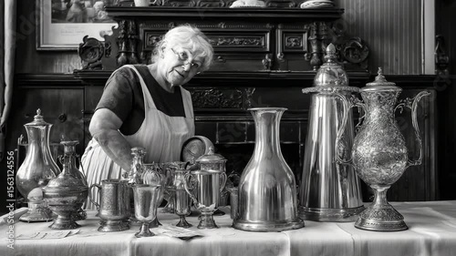 Woman examining antique silverware