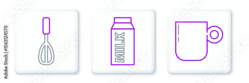 Set line Coffee cup, Kitchen whisk and Paper package for milk icon. Vector