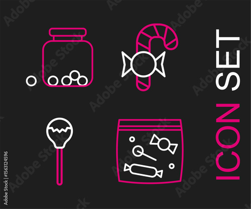 Set line Candy packaging for sweets, Lollipop, Christmas candy cane and Glass jar with candies inside icon. Vector