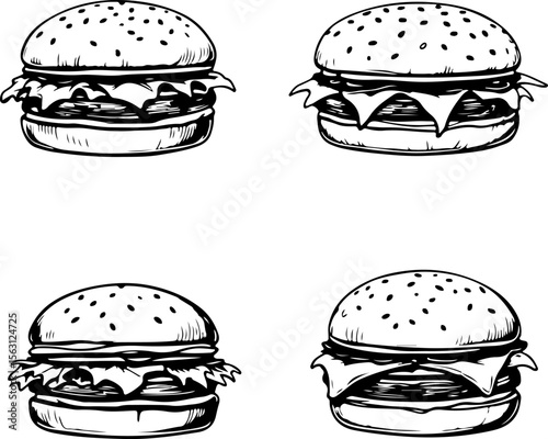 Delicious Hand-Drawn Burger Illustrations Four Unique Designs for Your Menu or Cookbook