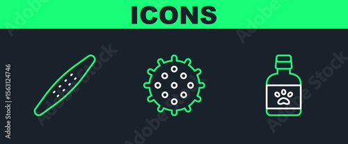 Set line Dog medicine bottle, Nail file pet and Tennis ball icon. Vector