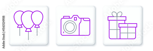 Set line Gift box, Balloons with ribbon and Photo camera icon. Vector