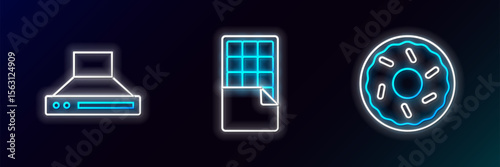 Set line Donut, Kitchen extractor fan and Chocolate bar icon. Glowing neon. Vector