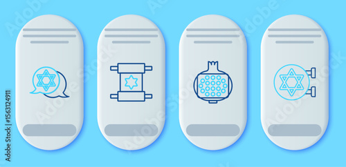 Set line Torah scroll, Pomegranate, Star of David and Jewish synagogue icon. Vector