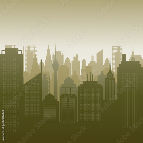 Stylized silhouettes of a city skylines against a faded sky background, fading into cooler gradient of brownish green of the buildings.