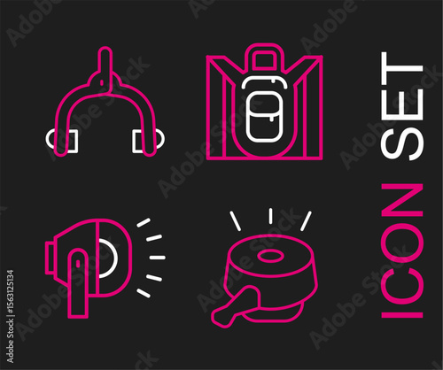 Set line Bicycle bell, head lamp, Hiking backpack and brake calipers icon. Vector