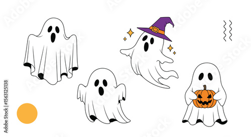 Cute ghost characters celebrating halloween with festive decorations and pumpkin carvings