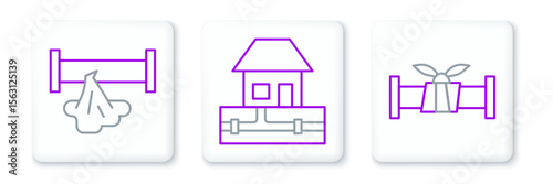 Set line Industry metallic pipe, Broken and Water supply pipes icon. Vector