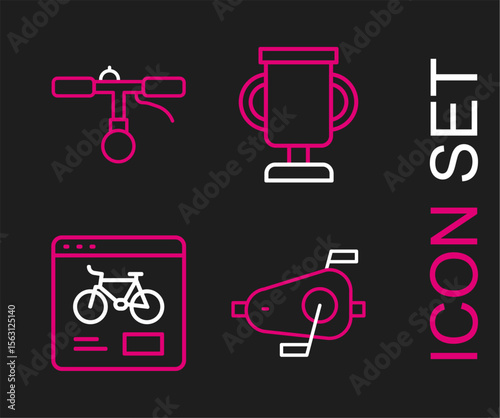 Set line Bicycle pedals, rental mobile app, Award cup with bicycle and handlebar icon. Vector