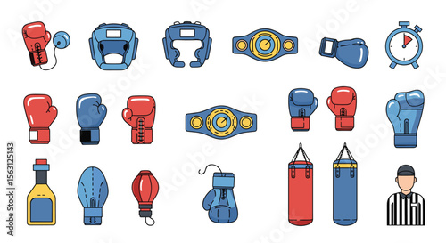 Collection of boxing equipment and accessories for training and competition