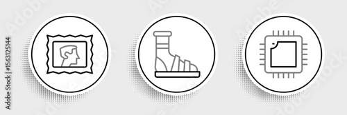 Set line Processor with CPU, Postal stamp and Slippers socks icon. Vector