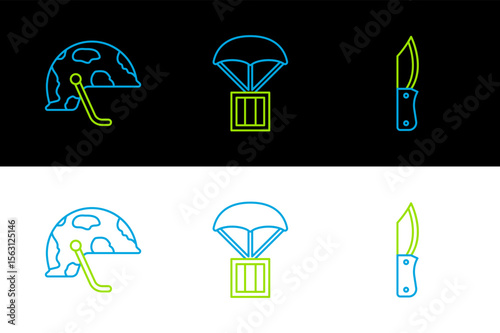 Set line Military knife, helmet and Airdrop box icon. Vector