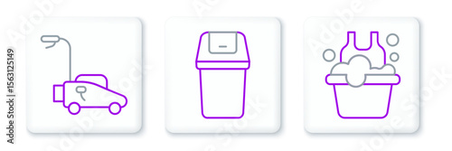 Set line Basin with soap suds, Lawn mower and Trash can icon. Vector