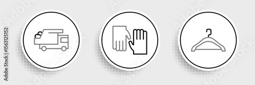 Set line Hanger wardrobe, Garbage truck and Rubber gloves icon. Vector