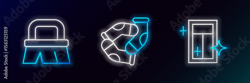 Set line Cleaning service for window, Brush cleaning and Socks icon. Glowing neon. Vector