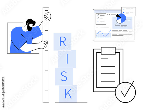 Man measuring blocks labeled risk, with analytics dashboard, checklist, and checkmark. Ideal for project management, data analytics, decision-making, strategy planning, compliance business tools