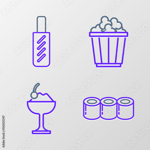 Set line Sushi, Ice cream in bowl, Popcorn box and Hotdog sandwich icon. Vector